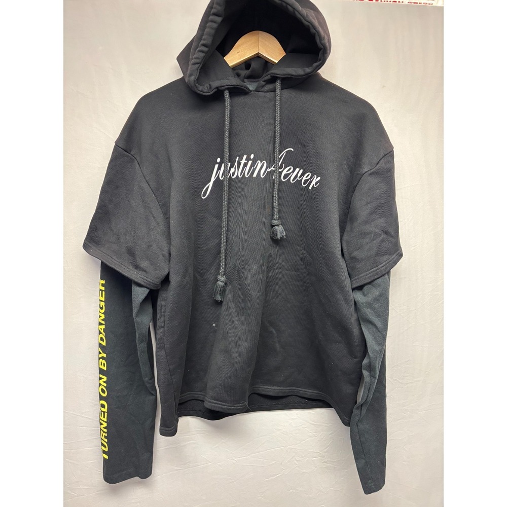 Vetements x Justin Bieber Hoodie Mens Black Graphic Print Layered Long Sleeve XS